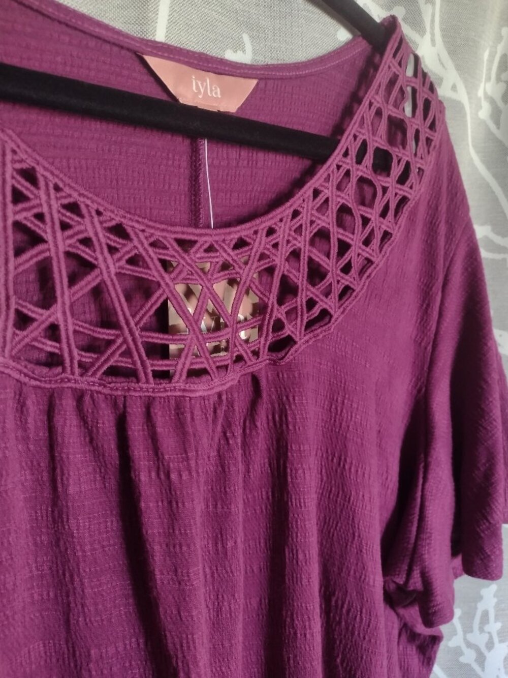 Iyla Plum Short Sleeve Top with Lattice Neckline